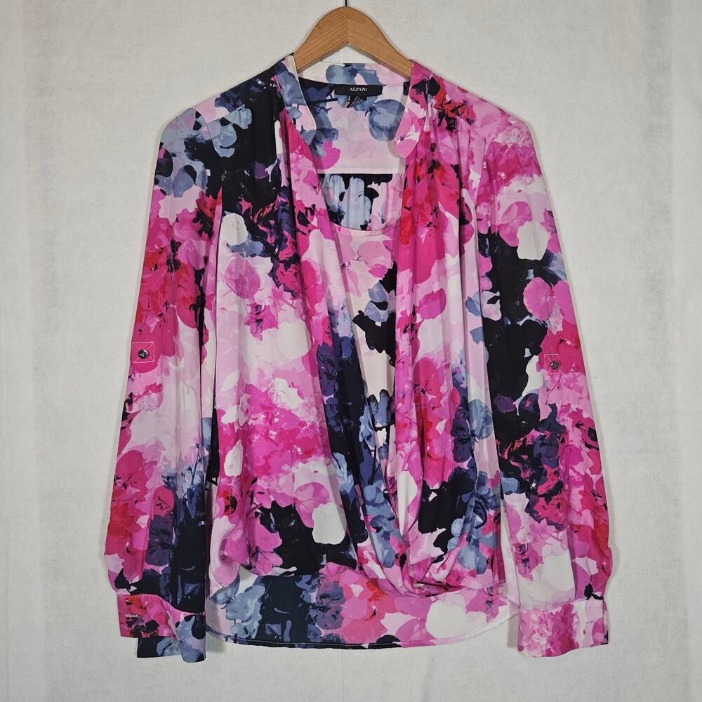 Alfani Pink Floral Layered Blouse Size 6 Roll Tab Sleeve Chiffon Career Casual